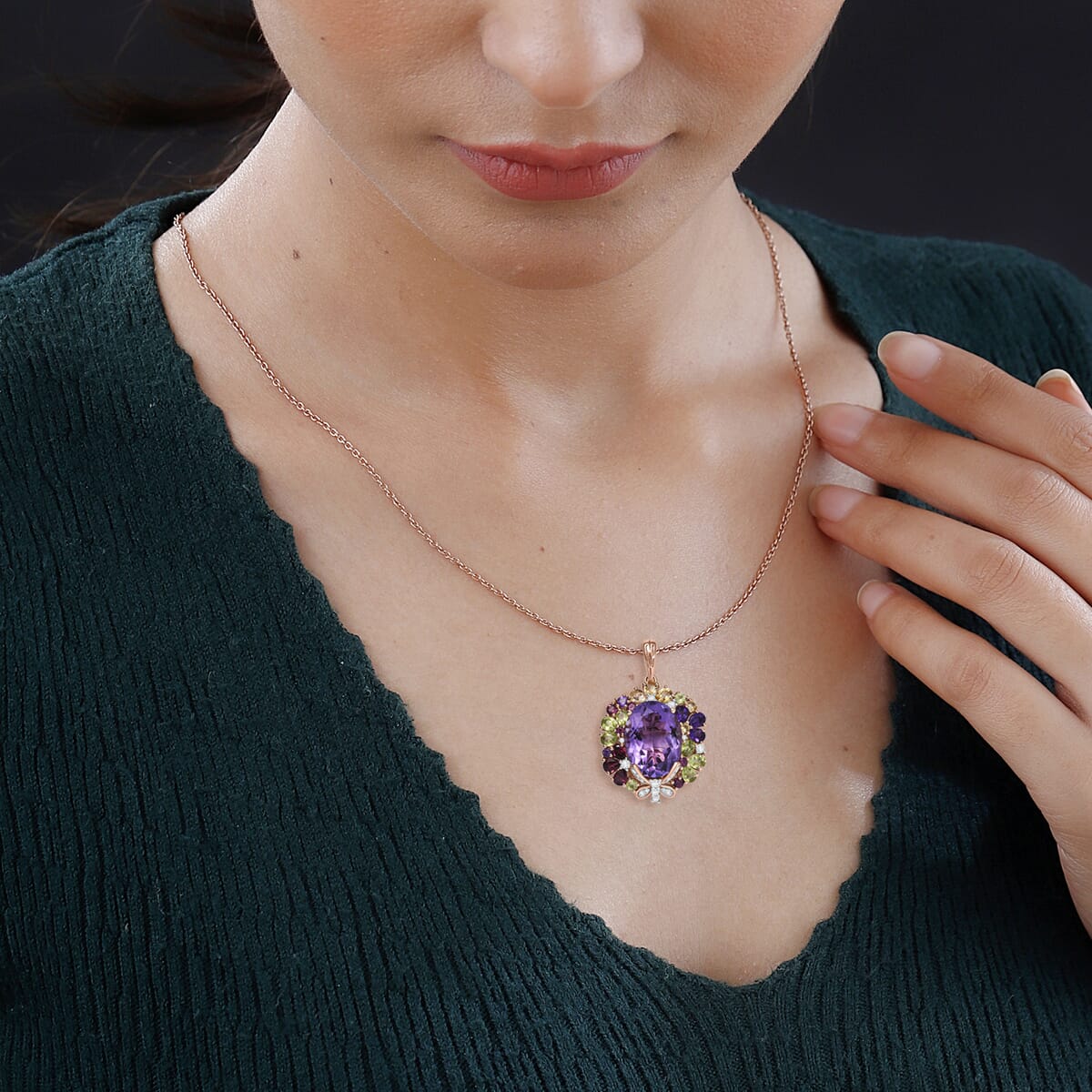 GP Italian Garden Collection Rose De France Amethyst and Multi Gemstone 13.15 ctw Pendant Necklace in 18K Vermeil Rose Gold Over Sterling Silver 20 Inches image number 2