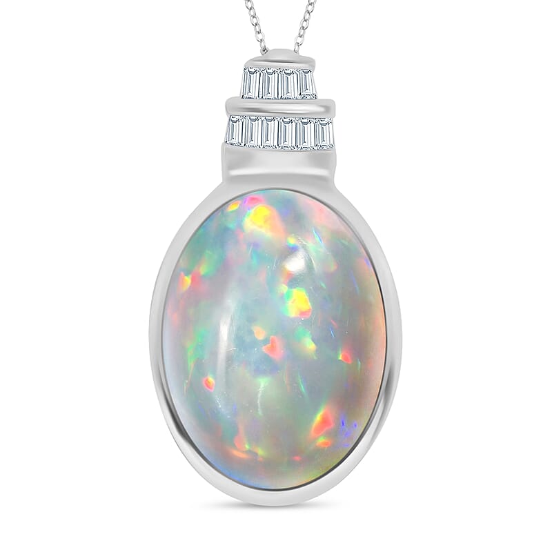 Luxoro Premium Ethiopian Welo Opal and I3 Diamond 5.60 ctw Pendant Necklace in 10K White Gold 18 Inches