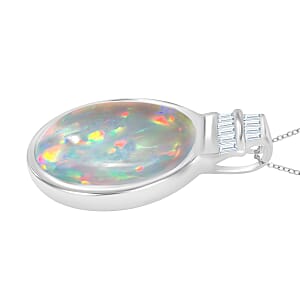 Luxoro Premium Ethiopian Welo Opal and I3 Diamond 5.60 ctw Pendant Necklace in 10K White Gold 18 Inches (Del. in 10-12 Days)