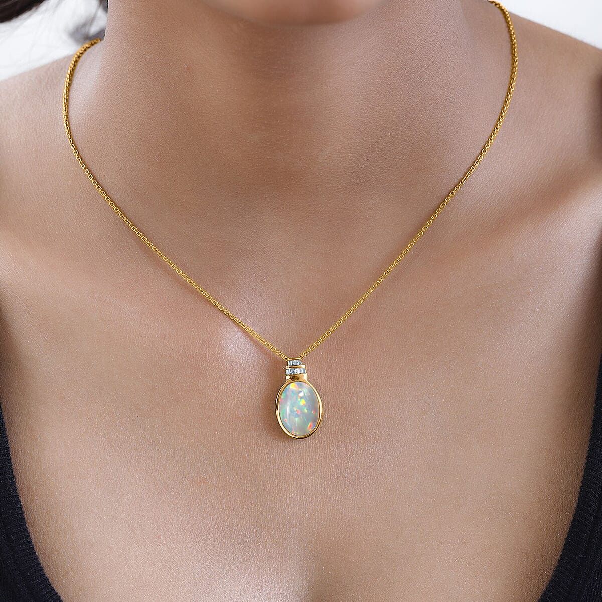 Luxoro Premium Ethiopian Welo Opal and I3 Diamond 5.60 ctw Pendant Necklace in 10K Yellow Gold 18 Inches image number 1