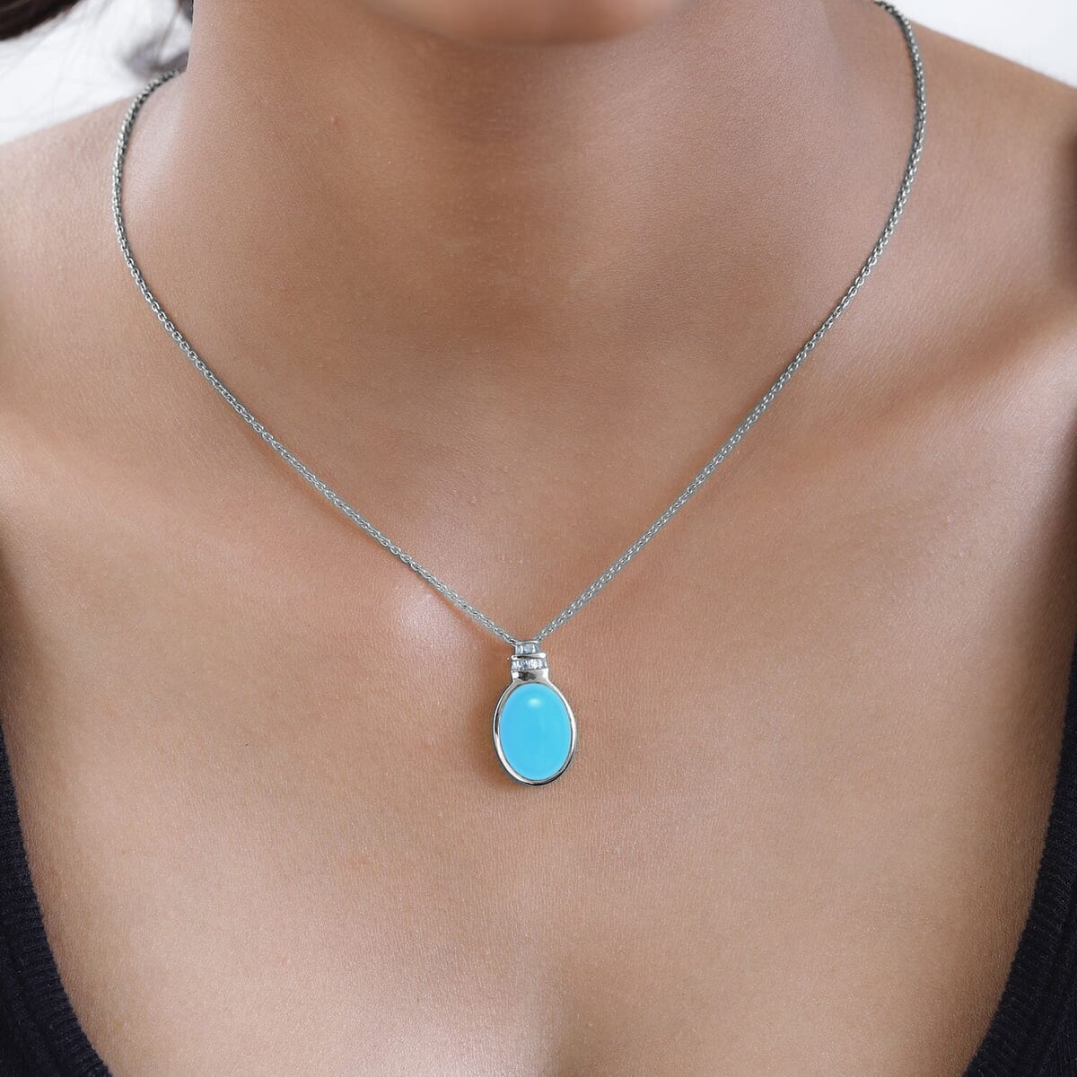 Premium Sleeping Beauty Turquoise and Diamond Pendant Necklace 20 Inches in Rhodium Over Sterling Silver 8.31 ctw image number 1