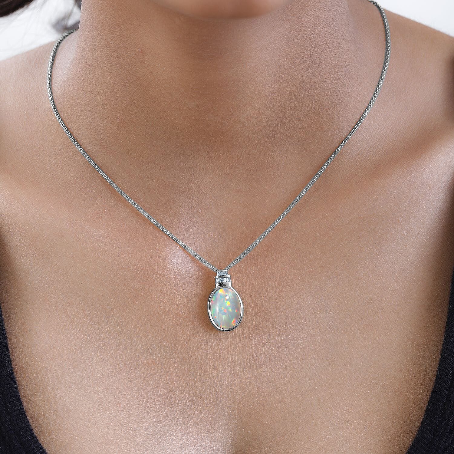 Ethiopian Welo Opal and Diamond Fancy Pendant Necklace in Rhodium Over Sterling Silver 5.60 ctw (20 Inches )