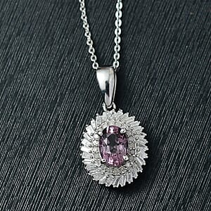 Royal Lavender Spinel and Diamond 1.15 ctw Floral Pendant Necklace in Rhodium Over Sterling Silver 20 Inches