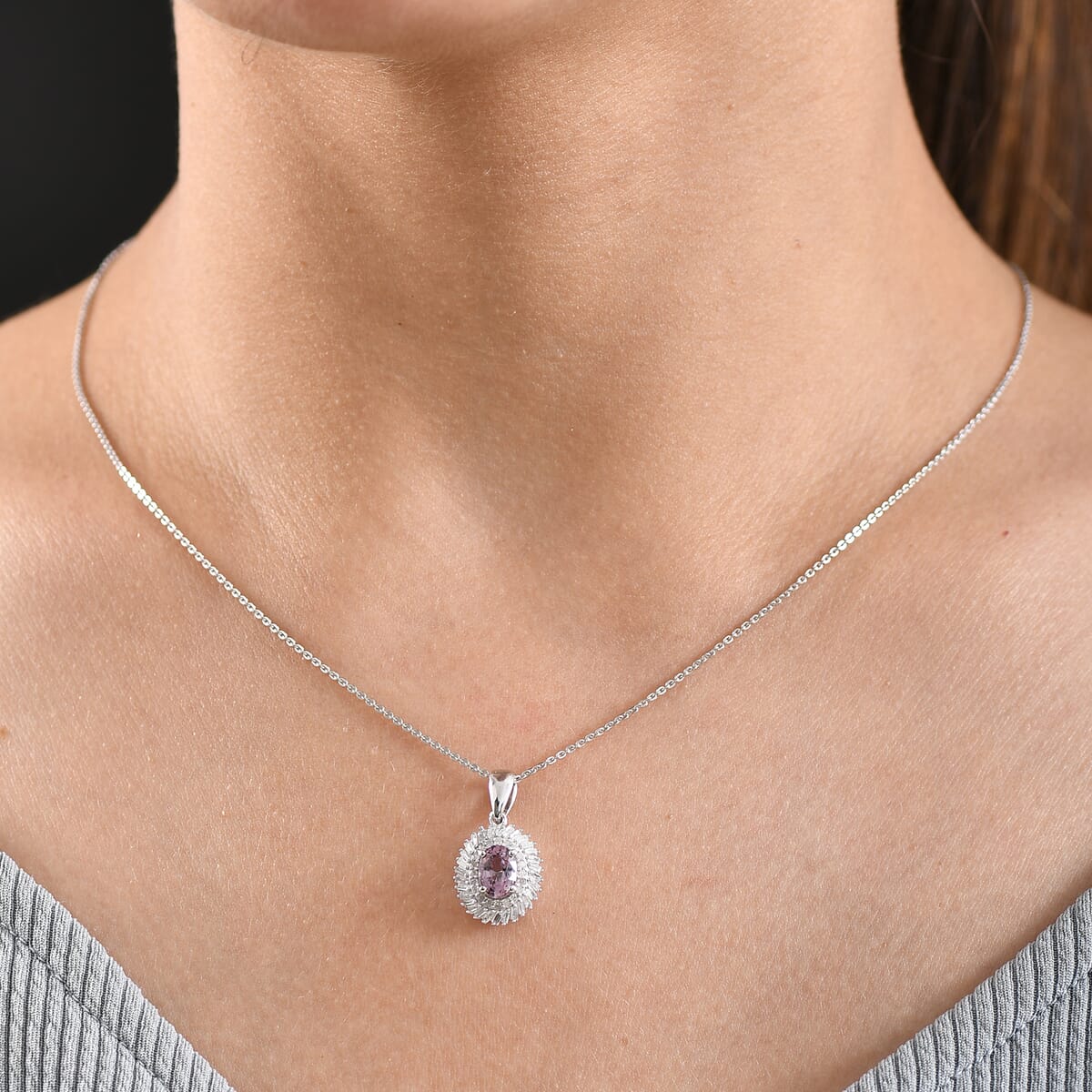 Royal Lavender Spinel and Diamond 1.15 ctw Floral Pendant Necklace in Rhodium Over Sterling Silver 20 Inches image number 2