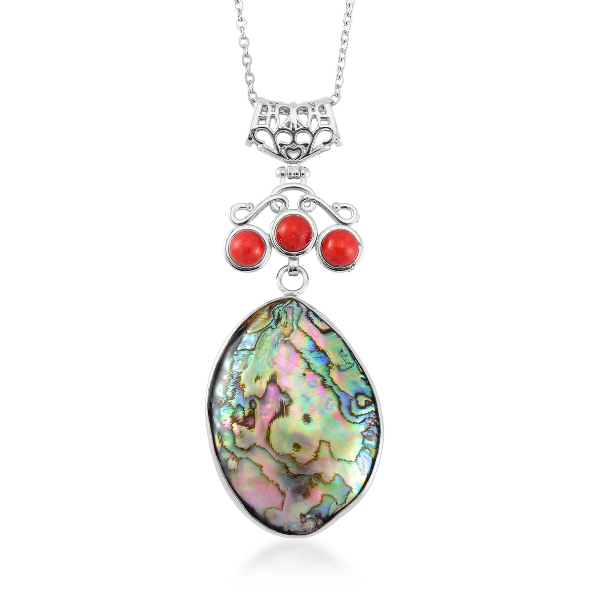 Abalone Shell and Red Coral Pendant Necklace in Silvertone & Stainless Steel 20 Inches image number 0