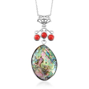 Abalone Shell and Red Coral Pendant Necklace in Silvertone & Stainless Steel 20 Inches