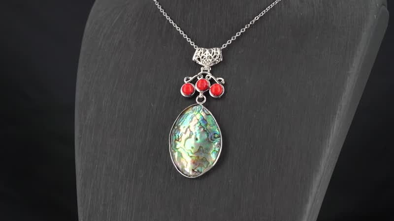 Abalone Shell and Red Coral Pendant Necklace in Silvertone & Stainless Steel 20 Inches