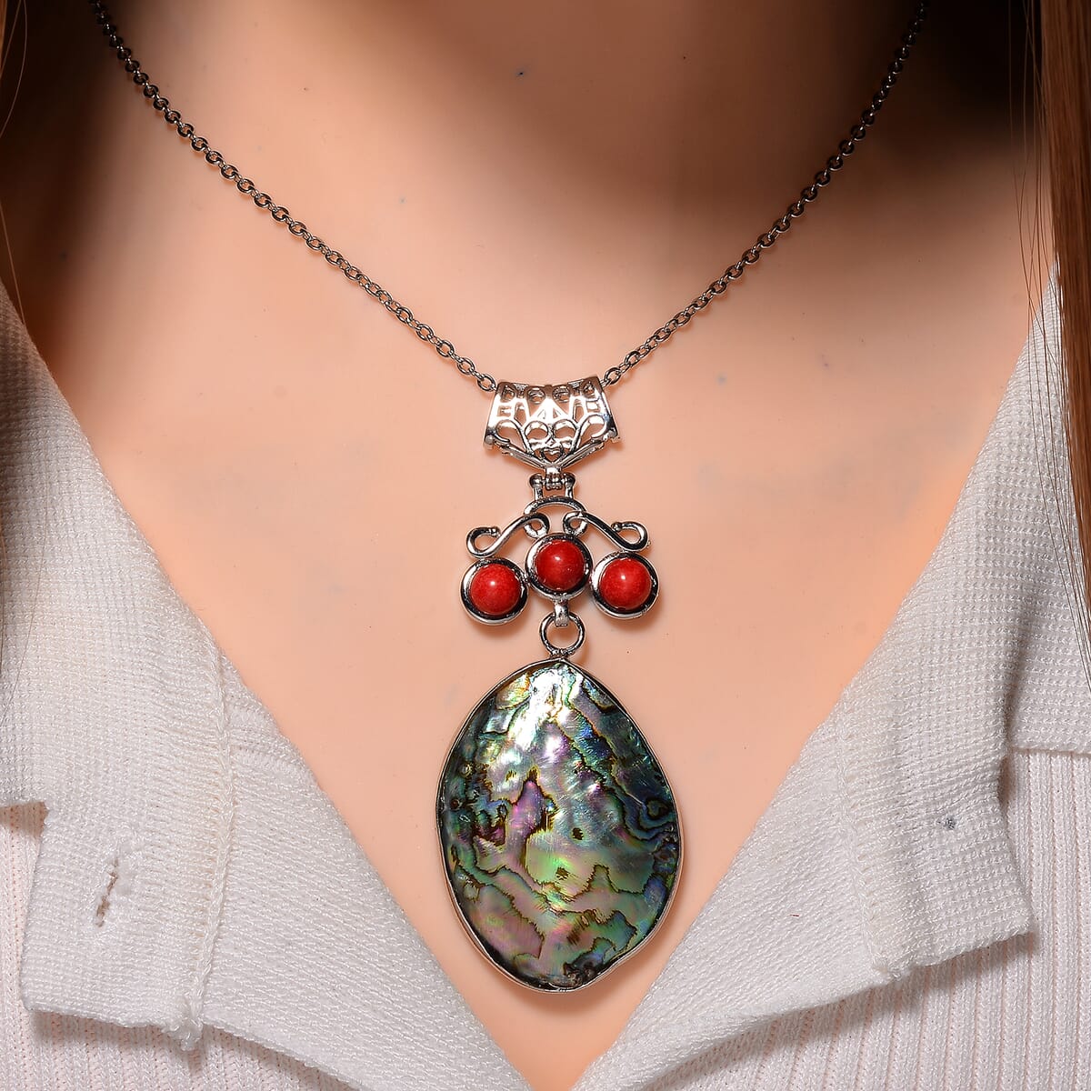 Abalone Shell and Red Coral Pendant Necklace in Silvertone & Stainless Steel 20 Inches image number 1