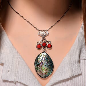 Abalone Shell and Red Coral Pendant Necklace in Silvertone & Stainless Steel 20 Inches