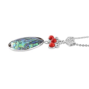 Abalone Shell and Red Coral Pendant Necklace in Silvertone & Stainless Steel 20 Inches