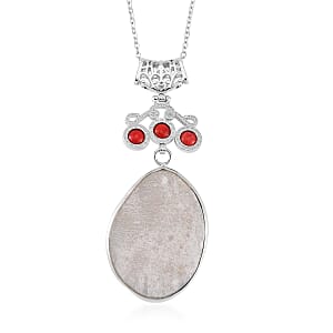 Abalone Shell and Red Coral Pendant Necklace in Silvertone & Stainless Steel 20 Inches