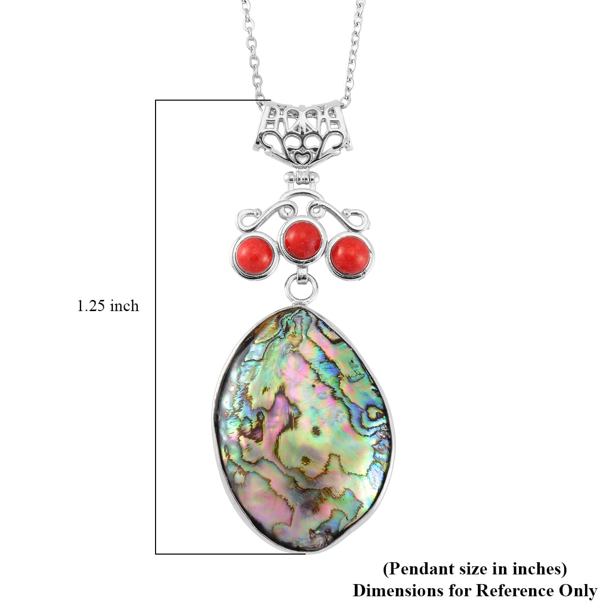 Abalone Shell and Red Coral Pendant Necklace in Silvertone & Stainless Steel 20 Inches image number 5