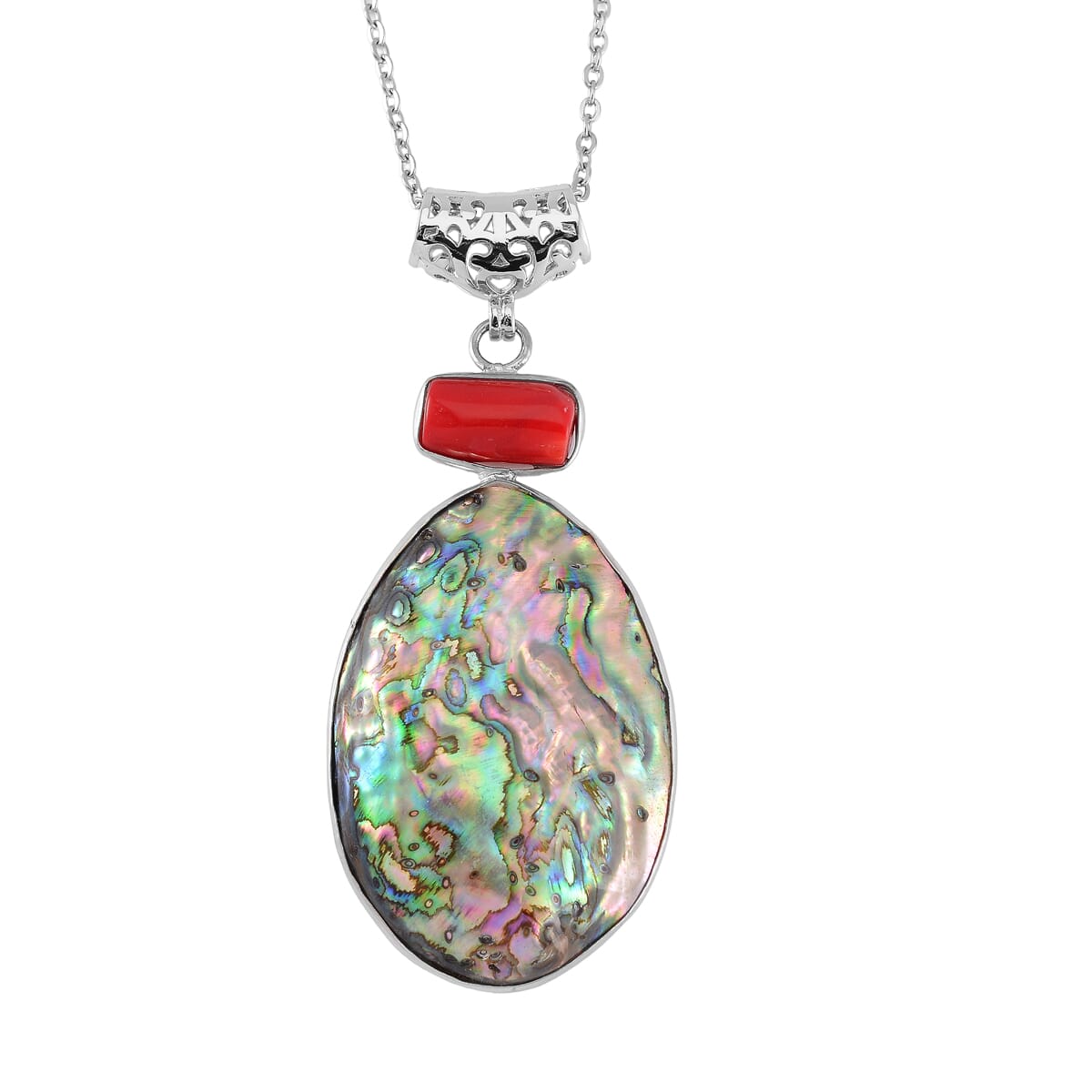 Abalone Shell and Red Coral Pendant Necklace in Silvertone & Stainless Steel 20 Inches image number 0