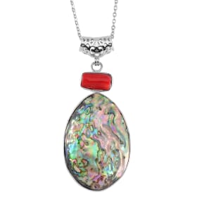 Abalone Shell and Red Coral Pendant Necklace in Silvertone & Stainless Steel 20 Inches