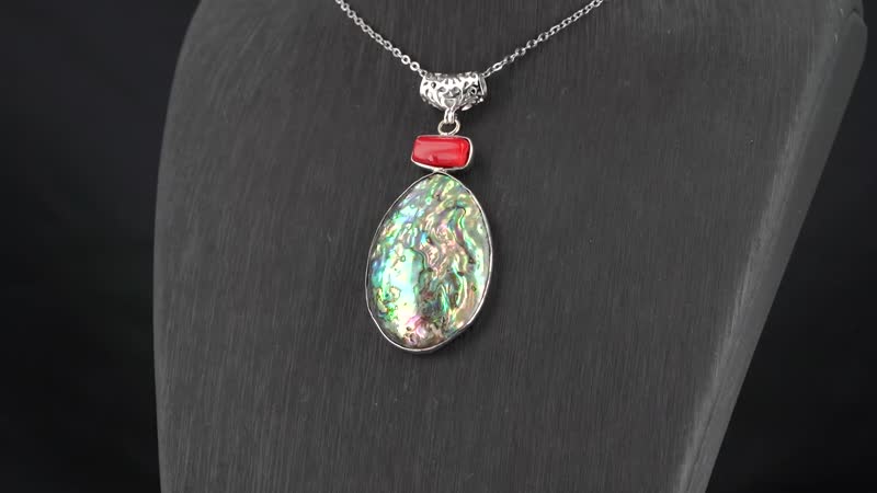 Abalone Shell and Red Coral Pendant Necklace in Silvertone & Stainless Steel 20 Inches