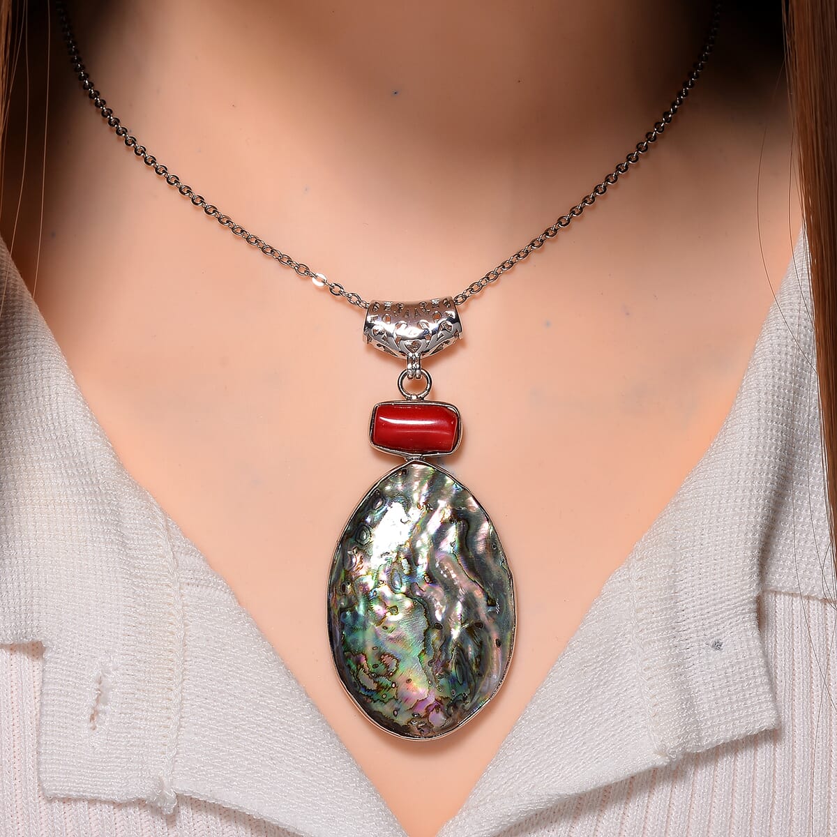 Abalone Shell and Red Coral Pendant Necklace in Silvertone & Stainless Steel 20 Inches image number 1