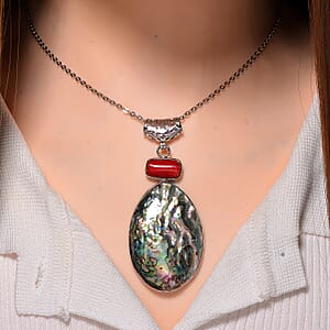 Abalone Shell and Red Coral Pendant Necklace in Silvertone & Stainless Steel 20 Inches