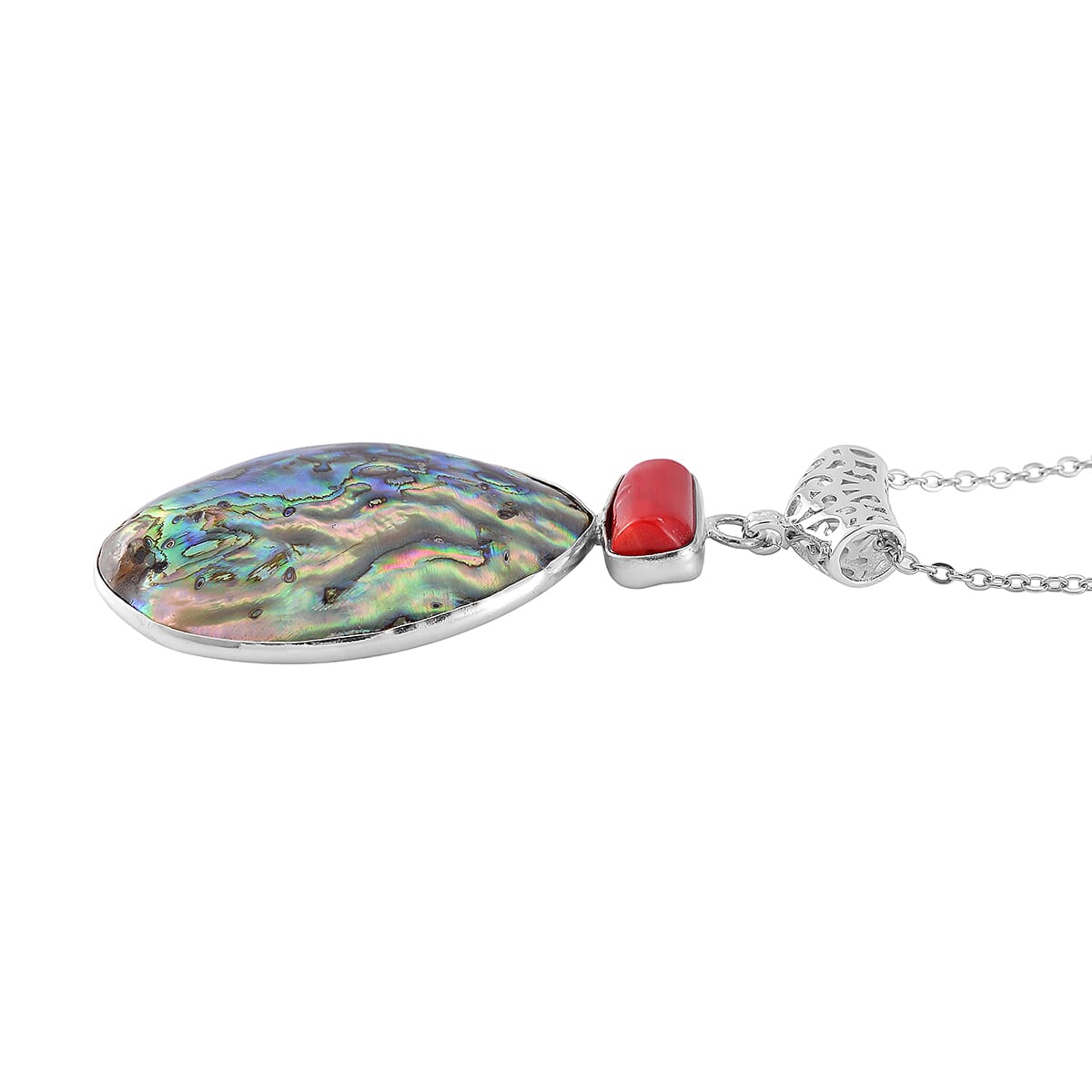 Abalone Shell and Red Coral Pendant Necklace in Silvertone & Stainless Steel 20 Inches image number 2