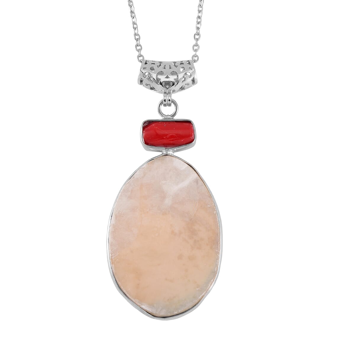 Abalone Shell and Red Coral Pendant Necklace in Silvertone & Stainless Steel 20 Inches image number 3