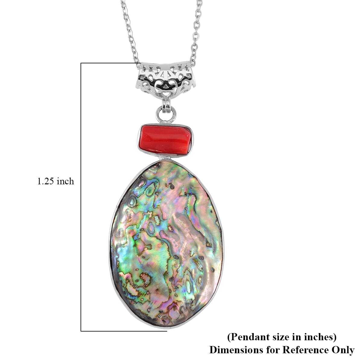 Abalone Shell and Red Coral Pendant Necklace in Silvertone & Stainless Steel 20 Inches image number 5