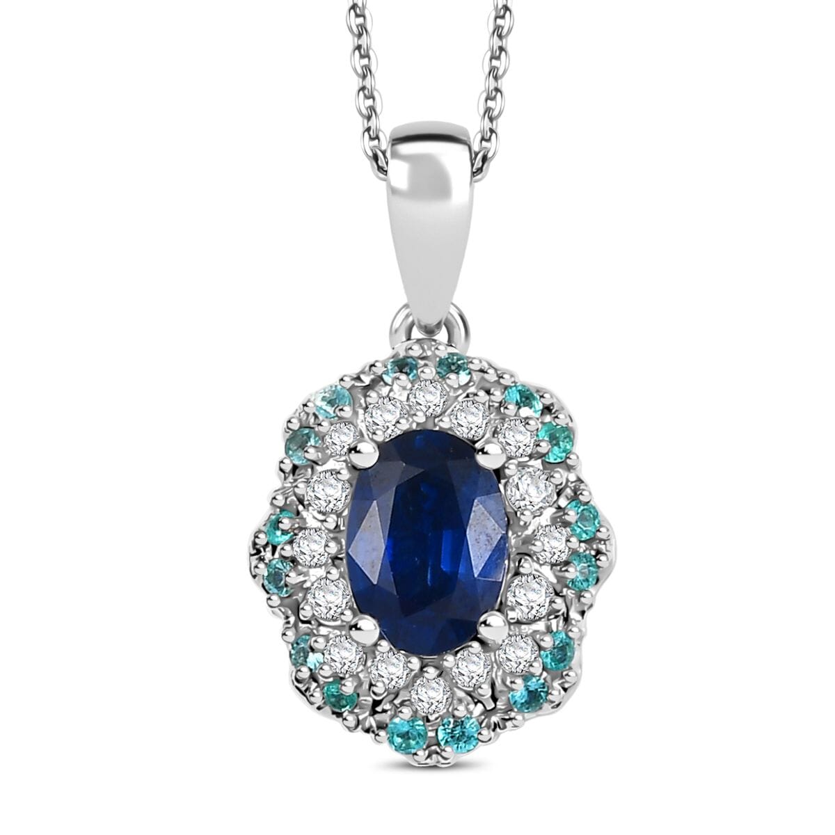 Certified & Appraised Rhapsody 950 Platinum AAAA Ceylon Blue Sapphire, Paraiba Tourmaline and E-F VS Diamond 1.50 ctw Pendant Necklace 20 Inches (Del. in 10-12 Days)  image number 0