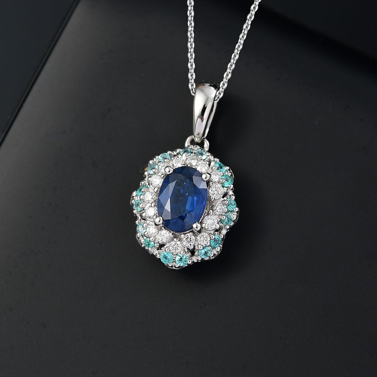 Certified & Appraised Rhapsody 950 Platinum AAAA Ceylon Blue Sapphire, Paraiba Tourmaline and E-F VS Diamond 1.50 ctw Pendant Necklace 20 Inches (Del. in 10-12 Days)  image number 1