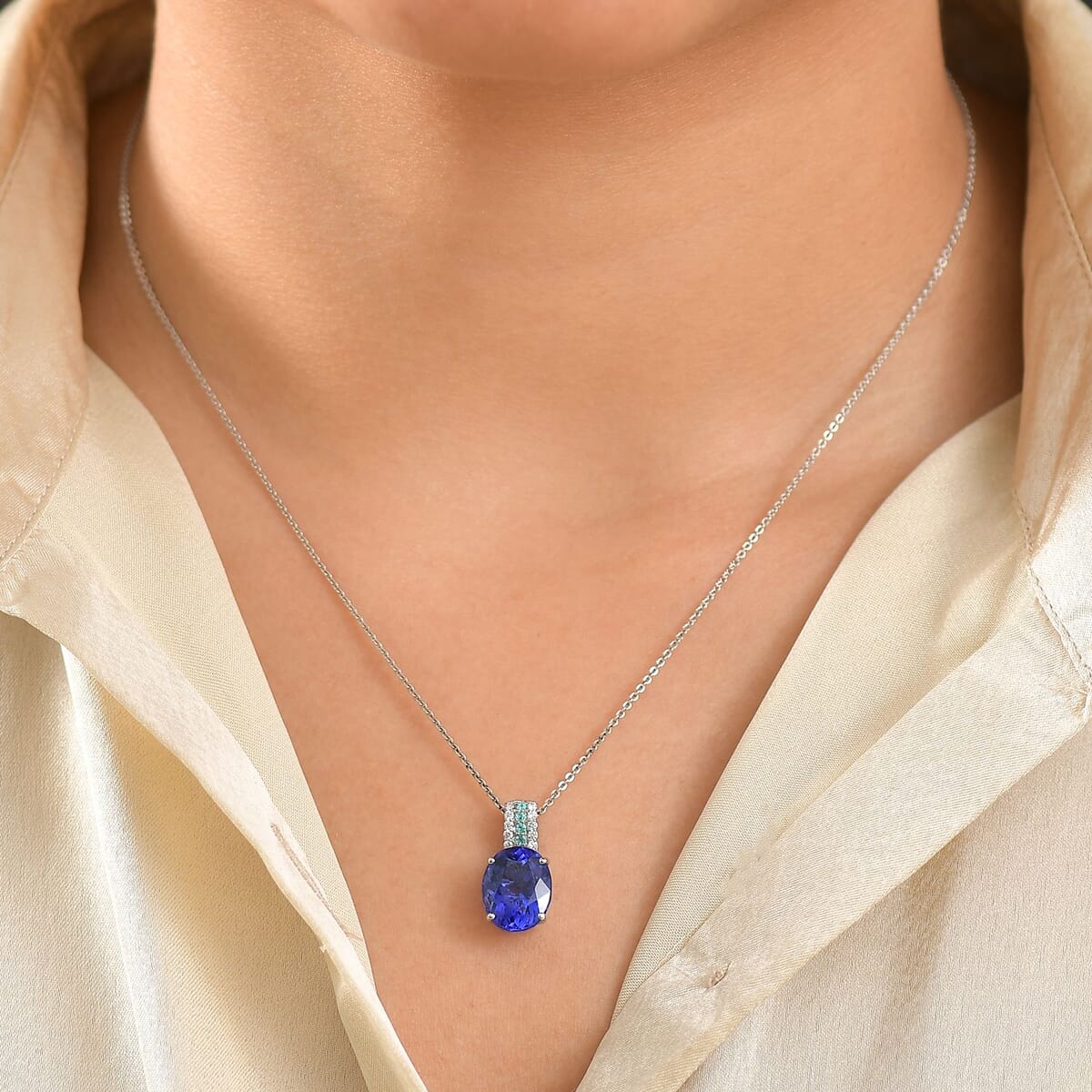 Certified & Appraised Rhapsody 950 Platinum AAAA Ceylon Blue Sapphire, Paraiba Tourmaline and E-F VS Diamond 1.50 ctw Pendant Necklace 20 Inches (Del. in 10-12 Days)  image number 2