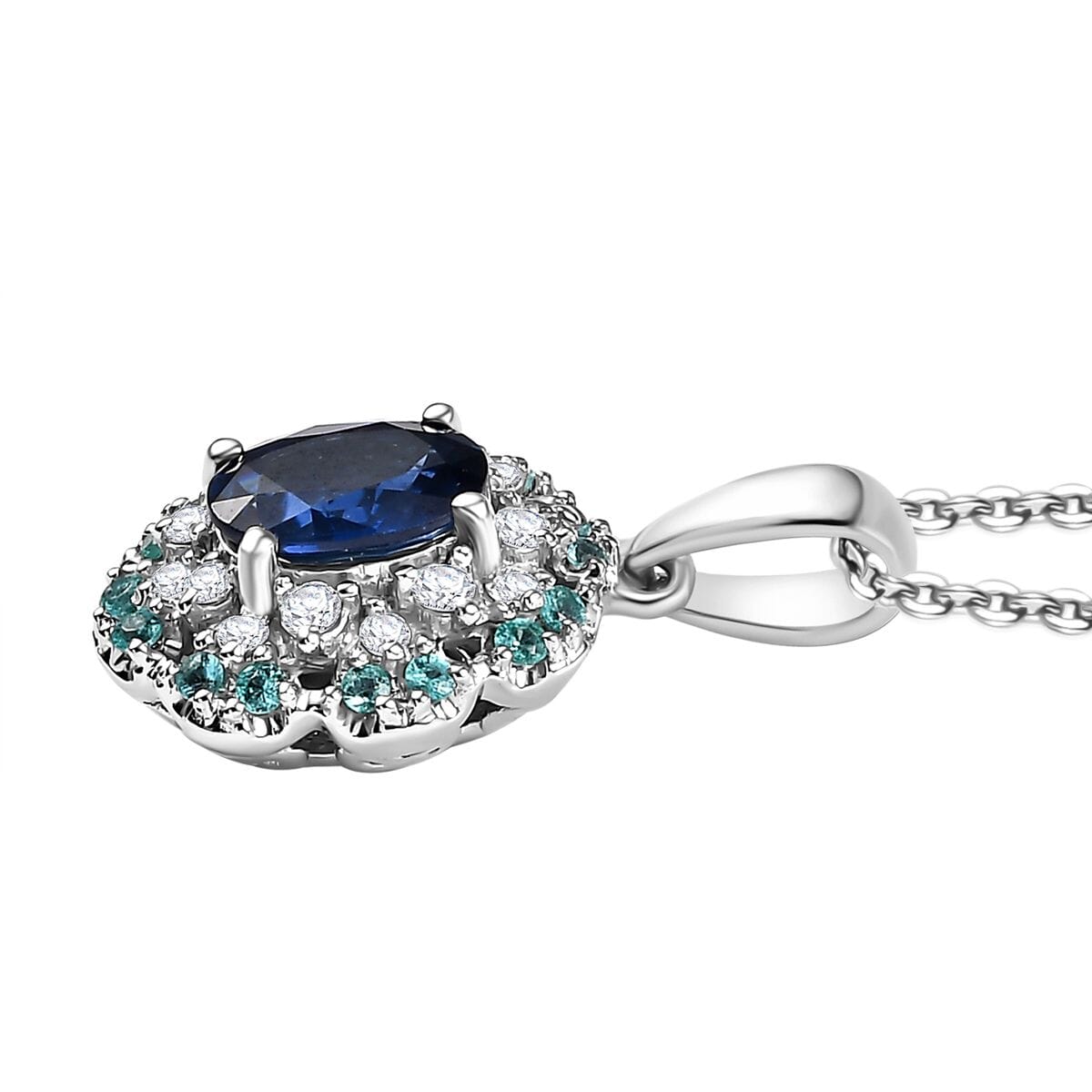 Certified & Appraised Rhapsody 950 Platinum AAAA Ceylon Blue Sapphire, Paraiba Tourmaline and E-F VS Diamond 1.50 ctw Pendant Necklace 20 Inches (Del. in 10-12 Days)  image number 3