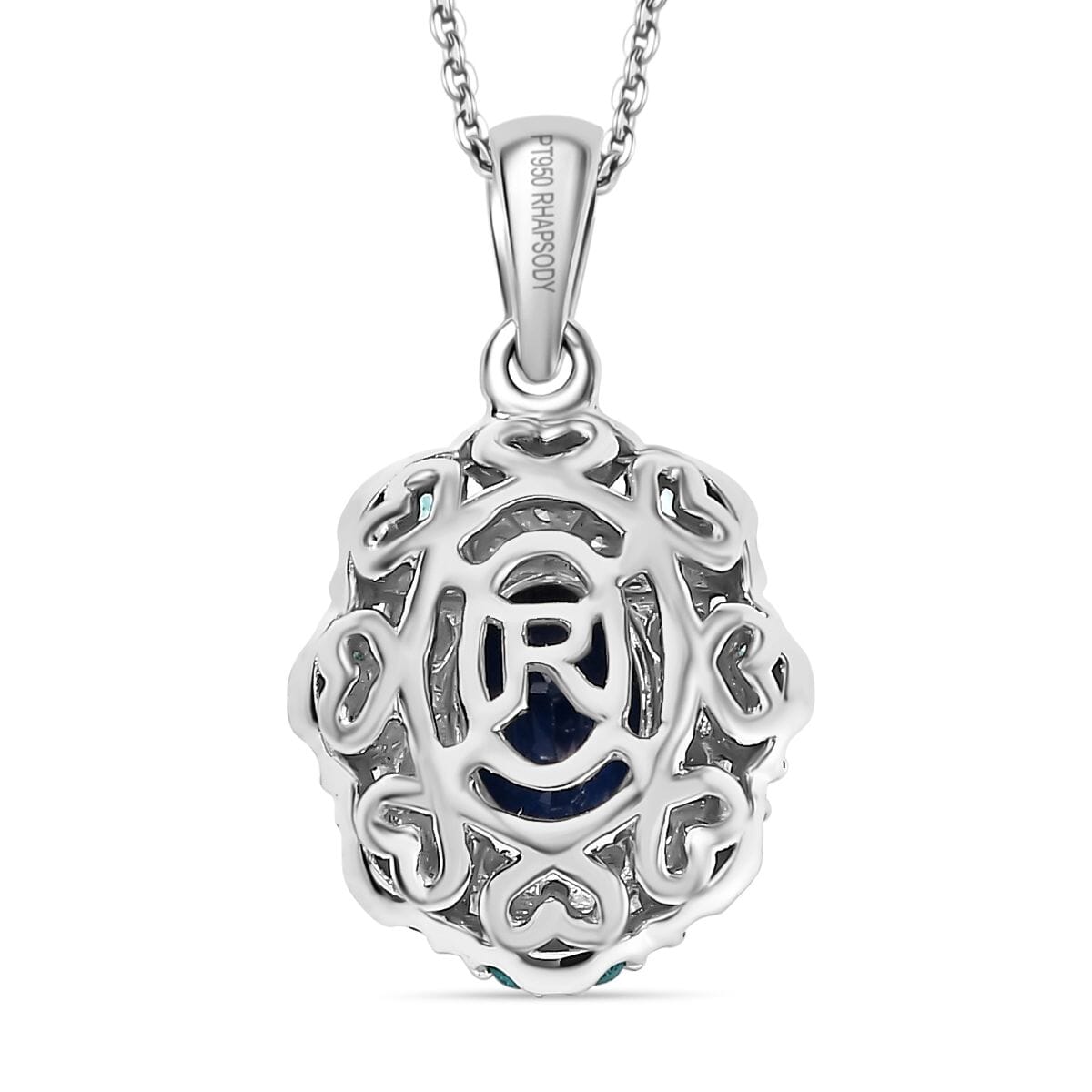 Certified & Appraised Rhapsody 950 Platinum AAAA Ceylon Blue Sapphire, Paraiba Tourmaline and E-F VS Diamond 1.50 ctw Pendant Necklace 20 Inches (Del. in 10-12 Days)  image number 4