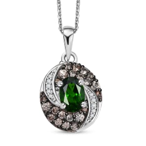Chrome Diopside, Brown and White Zircon 2.40 ctw Pendant Necklace in Rhodium Over Sterling Silver 20 Inches
