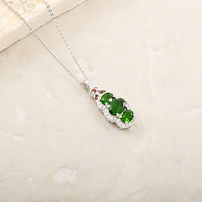 D'Joy Chrome Diopside, Brown and White Zircon 2.40 ctw Pendant Necklace in Rhodium Over Sterling Silver 20 Inches