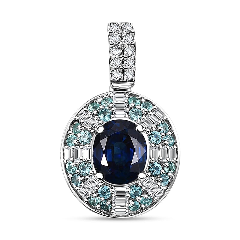Certified & Appraised Rhapsody AAAA Ceylon Blue Sapphire, AAAA Paraiba Tourmaline and E-F VS Diamond 1.90 ctw Pendant Necklace in 950 Platinum 20 Inches