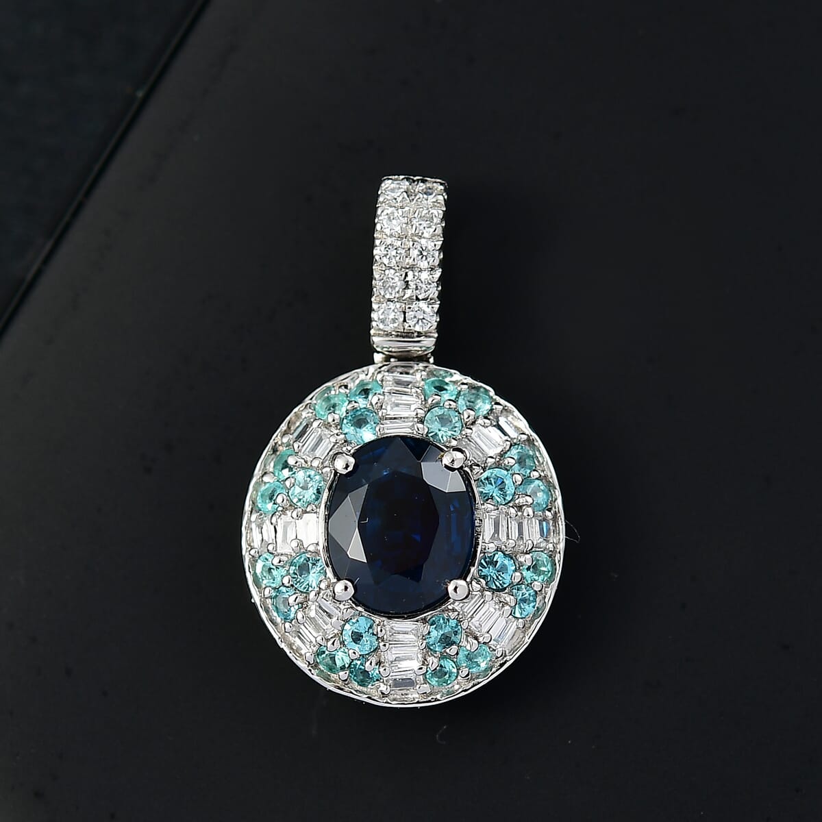 Certified & Appraised Rhapsody AAAA Ceylon Blue Sapphire, AAAA Paraiba Tourmaline and E-F VS Diamond 1.91 ctw Pendant Necklace in 950 Platinum 20 Inches 5.50 Grams image number 1