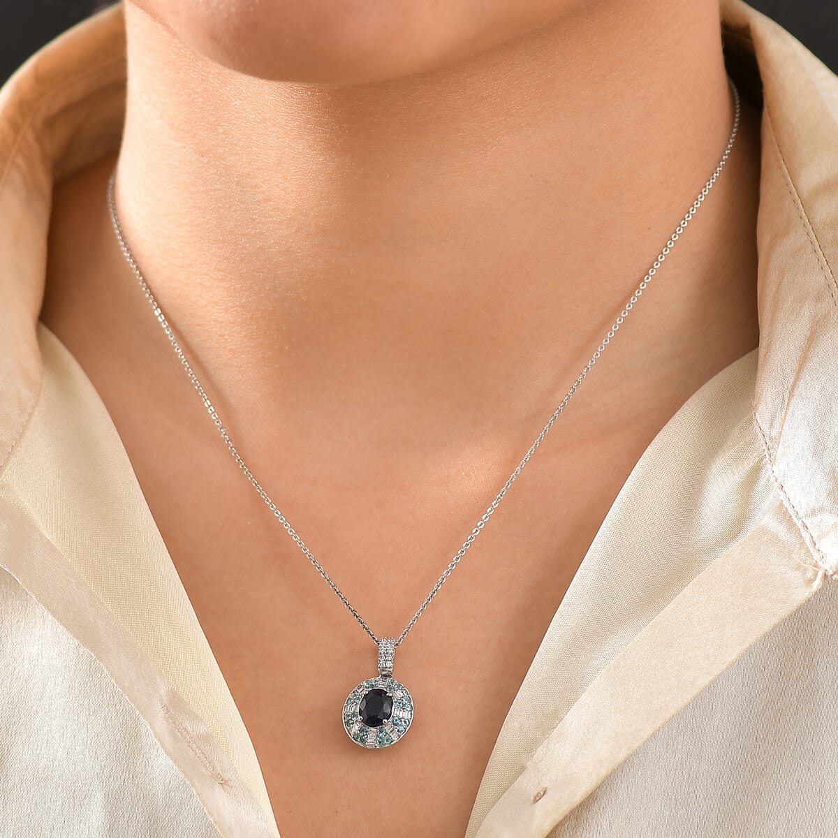 Certified & Appraised Rhapsody AAAA Ceylon Blue Sapphire, AAAA Paraiba Tourmaline and E-F VS Diamond 1.91 ctw Pendant Necklace in 950 Platinum 20 Inches 5.50 Grams image number 2