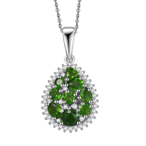 Chrome Diopside and White Zircon 1.80 ctw Pendant Necklace in Rhodium Over Sterling Silver 20 Inches