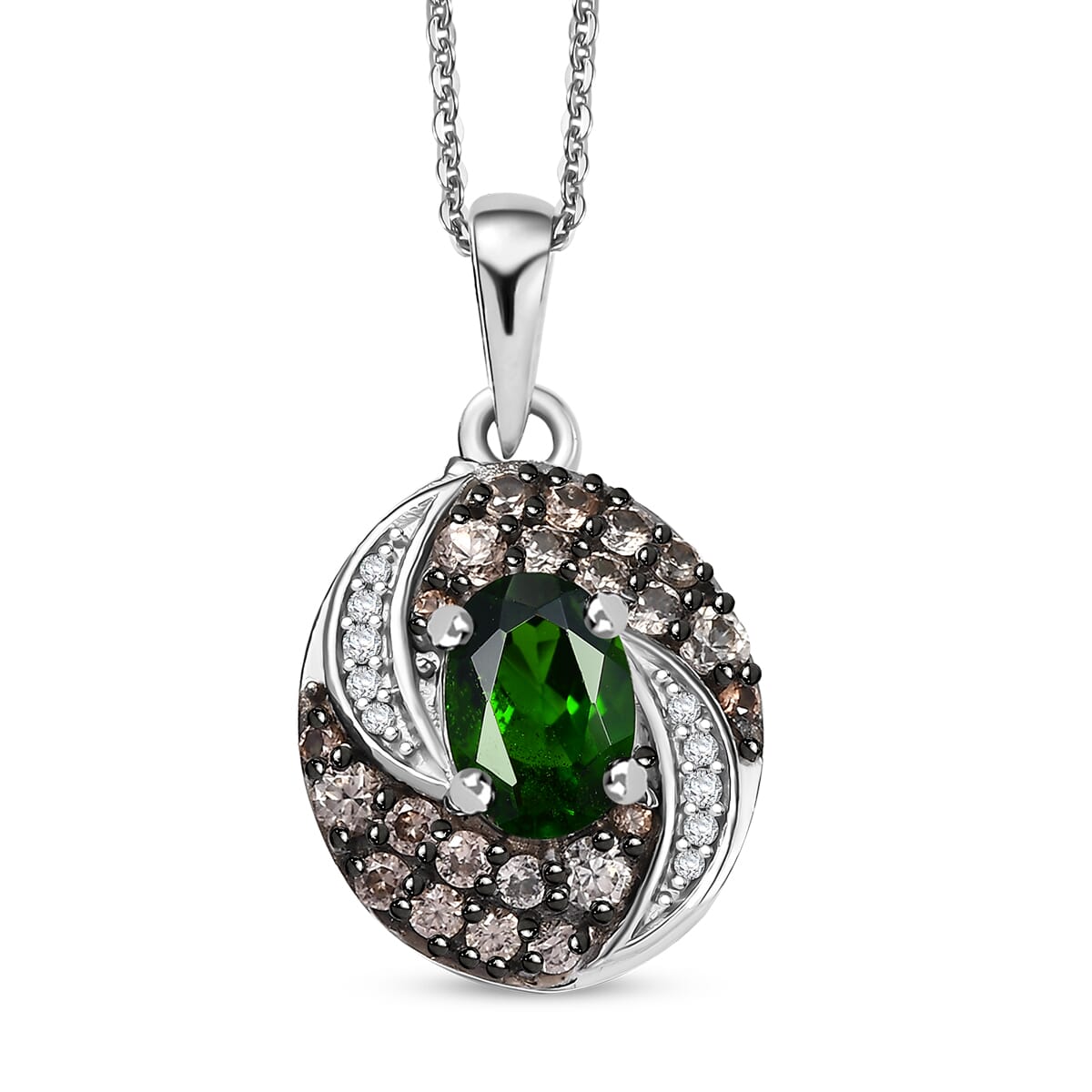 Chrome Diopside, Brown and White Zircon 1.50 ctw Sea Wave Pendant in Rhodium Over Sterling Silver with Stainless Steel Necklace 20 Inches  image number 0
