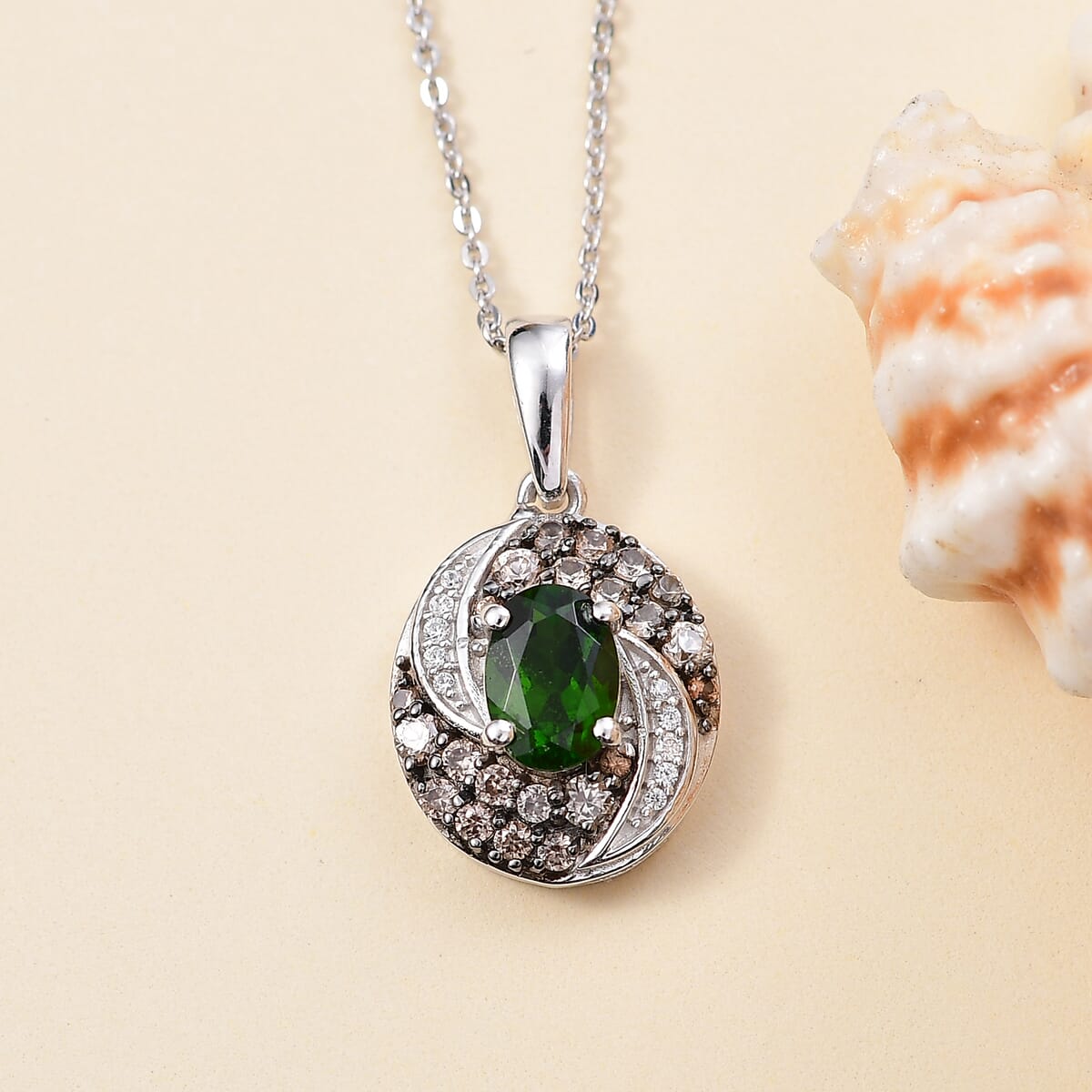 Chrome Diopside, Brown and White Zircon 1.50 ctw Sea Wave Pendant in Rhodium Over Sterling Silver with Stainless Steel Necklace 20 Inches  image number 1