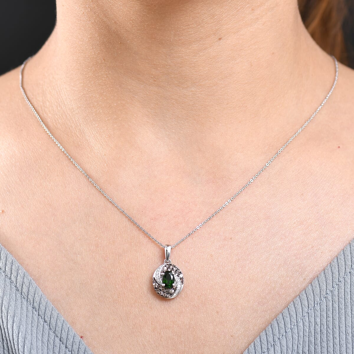Chrome Diopside, Brown and White Zircon 1.50 ctw Sea Wave Pendant in Rhodium Over Sterling Silver with Stainless Steel Necklace 20 Inches  image number 2
