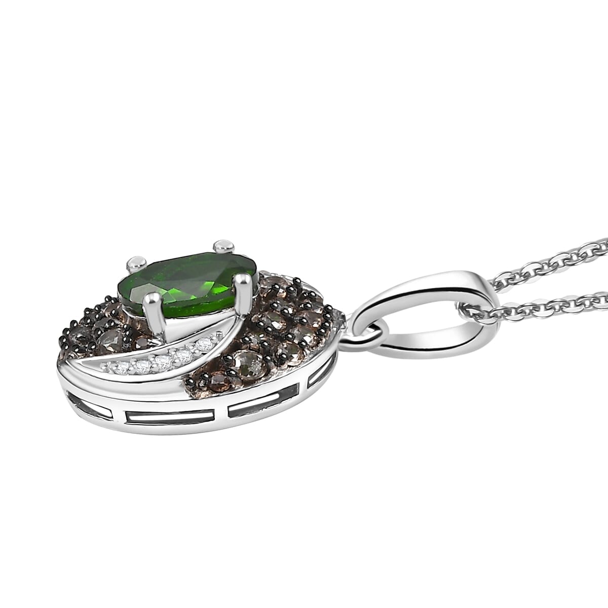 Chrome Diopside, Brown and White Zircon 1.50 ctw Sea Wave Pendant in Rhodium Over Sterling Silver with Stainless Steel Necklace 20 Inches  image number 3