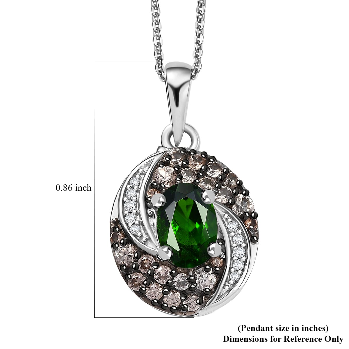 Chrome Diopside, Brown and White Zircon 1.50 ctw Sea Wave Pendant in Rhodium Over Sterling Silver with Stainless Steel Necklace 20 Inches  image number 6