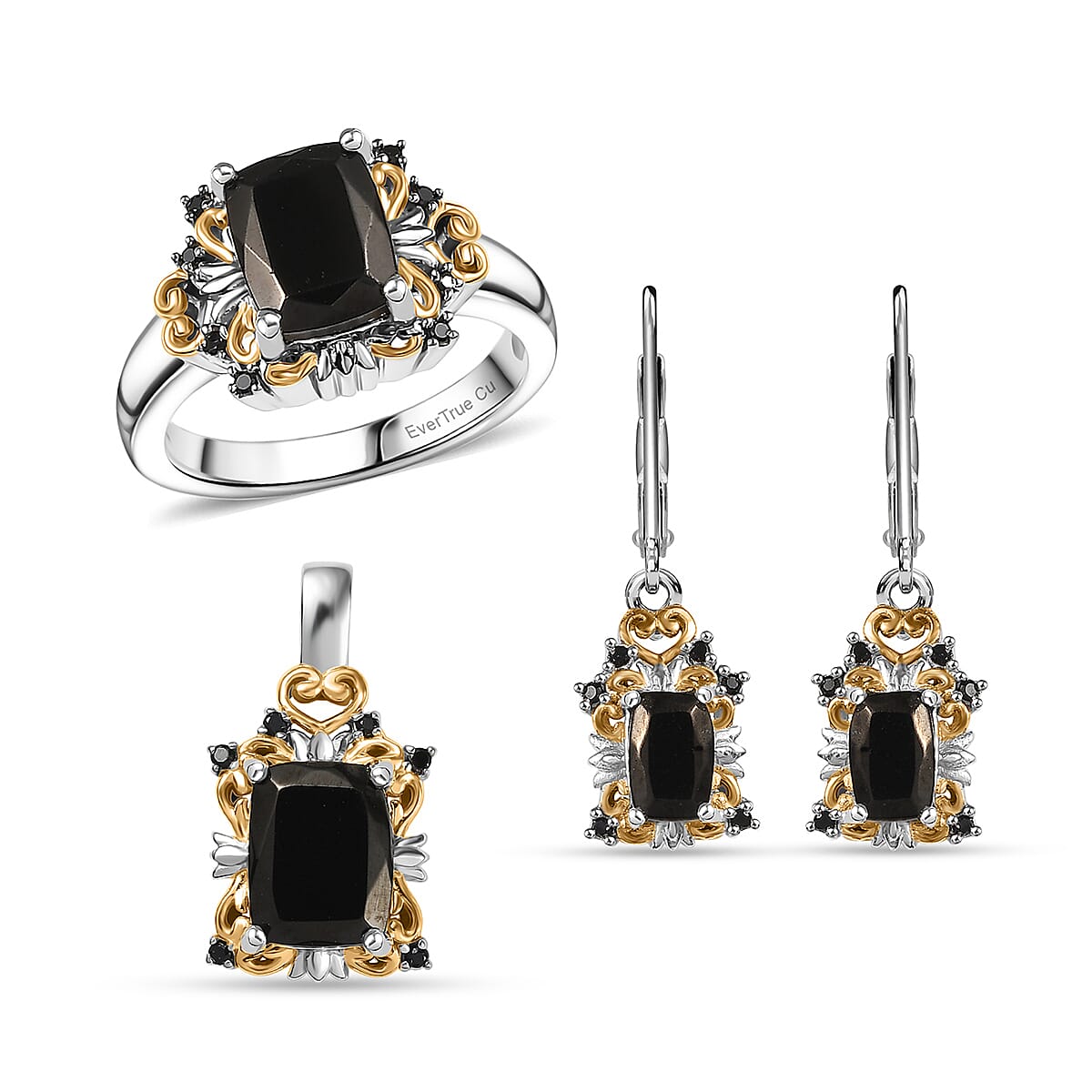 EverTrue Elite Shungite, Thai Black Spinel Ring (Size 5.0), Pendant without Chain and Lever Back Earrings in 14K YG and Platinum Over Copper 3.30 ctw image number 0