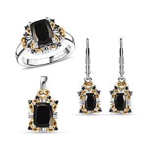 EverTrue Elite Shungite, Thai Black Spinel Ring (Size 5.0), Pendant without Chain and Lever Back Earrings in 14K YG and Platinum Over Copper 3.30 ctw
