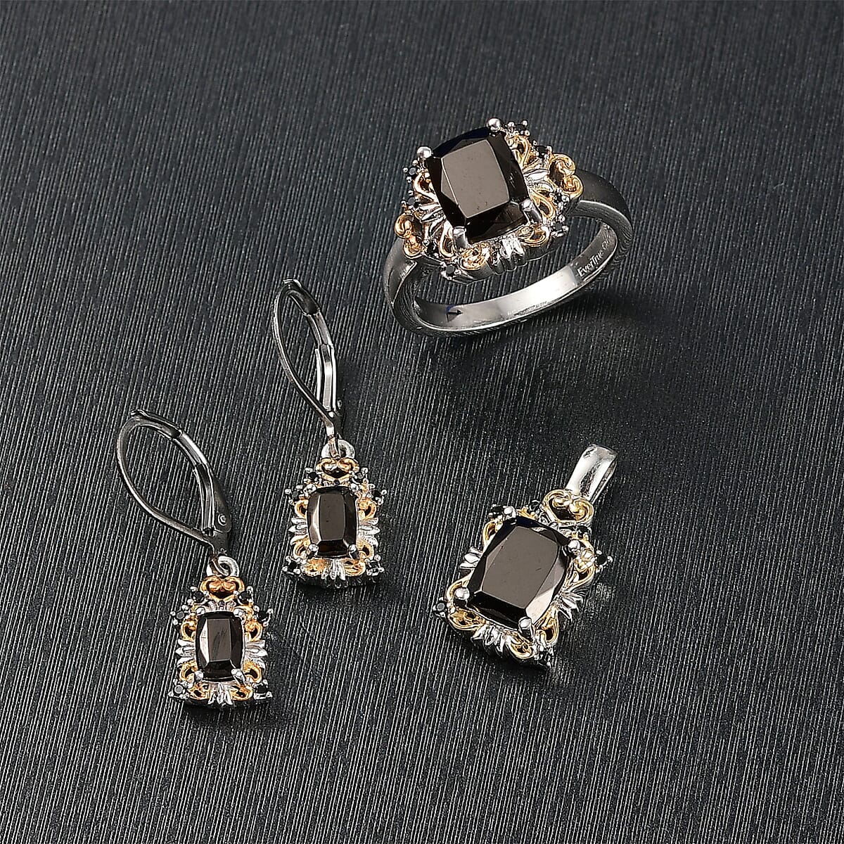 EverTrue Elite Shungite, Thai Black Spinel Ring (Size 5.0), Pendant without Chain and Lever Back Earrings in 14K YG and Platinum Over Copper 3.30 ctw image number 1