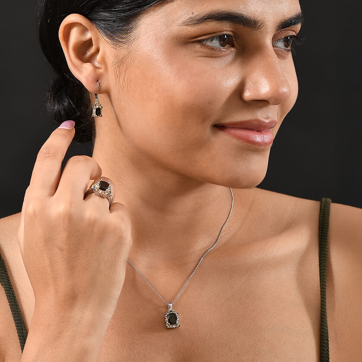 EverTrue Elite Shungite, Thai Black Spinel Ring (Size 7.0), Pendant without Chain and Lever Back Earrings in Platinum Over Copper 3.30 ctw image number 3