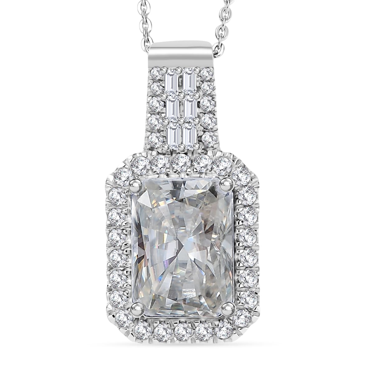 D'Joy Radiant Cut Moissanite 4.65 ctw Art Deco Pendant Necklace in Rhodium Over Sterling Silver 20 Inches image number 0