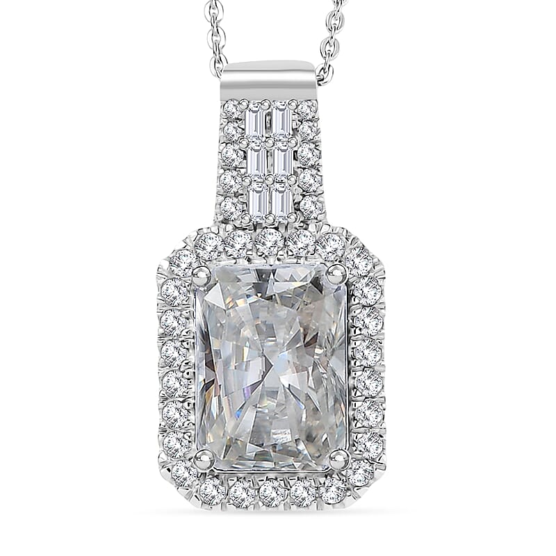 D'Joy Radiant Cut Moissanite 4.65 ctw Art Deco Pendant Necklace in Rhodium Over Sterling Silver 20 Inches