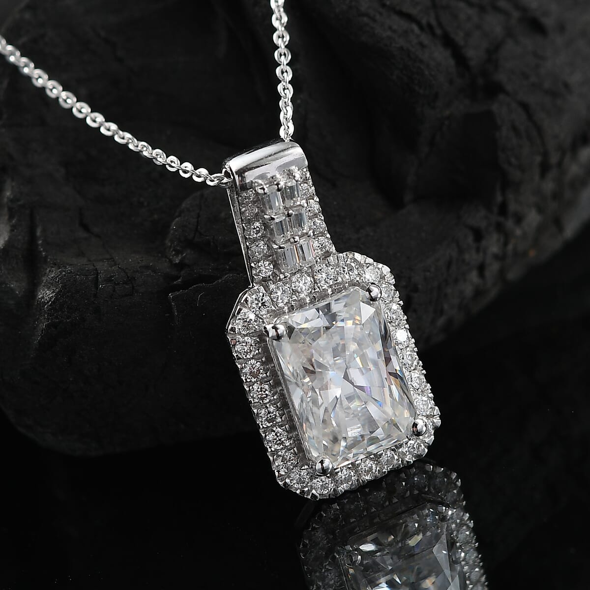 D'Joy Radiant Cut Moissanite 4.65 ctw Art Deco Pendant Necklace in Rhodium Over Sterling Silver 20 Inches image number 1