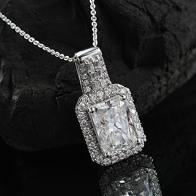 D'Joy Radiant Cut Moissanite 4.65 ctw Art Deco Pendant Necklace in Rhodium Over Sterling Silver 20 Inches