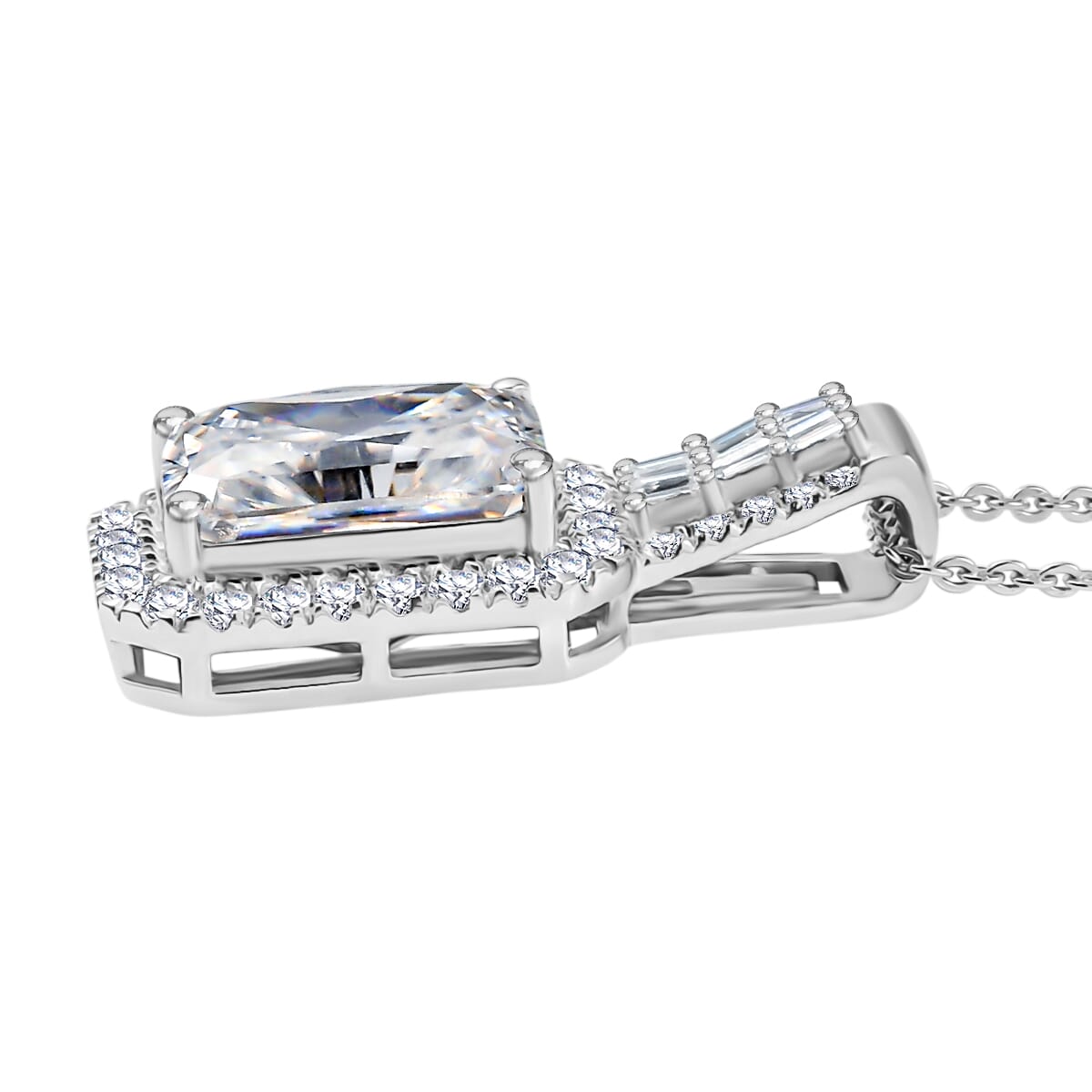 D'Joy Radiant Cut Moissanite 4.65 ctw Art Deco Pendant Necklace in Rhodium Over Sterling Silver 20 Inches image number 3