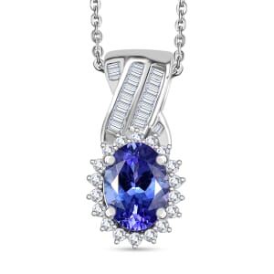 AAA Tanzanite and G-H I3 Diamond 1.20 ctw Pendant Necklace 20 Inches in Rhodium Over Sterling Silver 